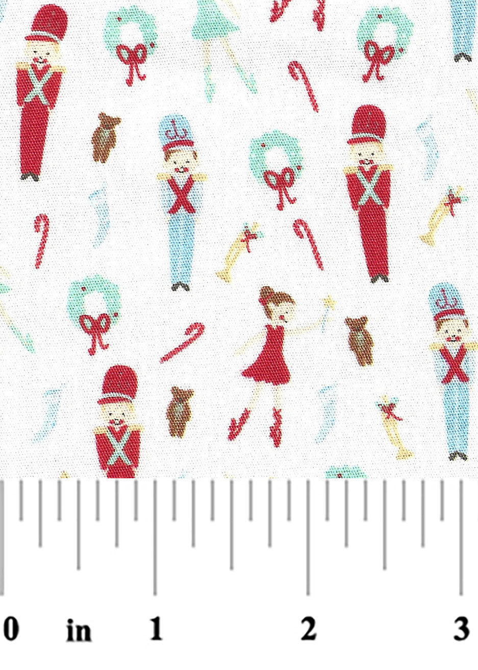 White cotton fabric with tiny nutcrackers, ballerinas, candy canes, and wreaths in red and teal.