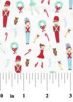 White cotton fabric with tiny nutcrackers, ballerinas, candy canes, and wreaths in red and teal.