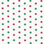 White cotton fabric with alternating red and green polka dots in diagonal rows