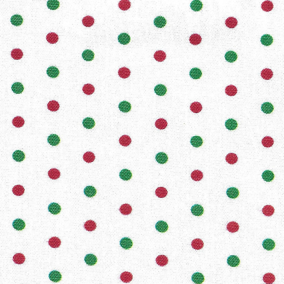 White cotton fabric with alternating red and green polka dots in diagonal rows