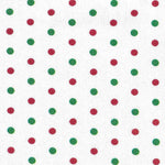 White cotton fabric with alternating red and green polka dots in diagonal rows