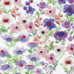 Watercolor Garden fabric with purple, pink, and red floral blooms on white background