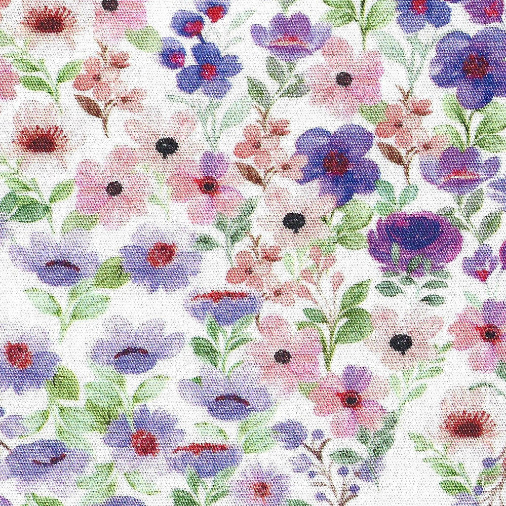 Watercolor Garden fabric with purple, pink, and red floral blooms on white background