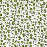 White cotton fabric with olive green floral print and delicate dark vine scrollwork