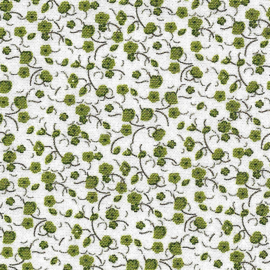 White cotton fabric with olive green floral print and delicate dark vine scrollwork