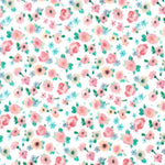 White cotton fabric with small pink rose and blue floral ditsy print pattern