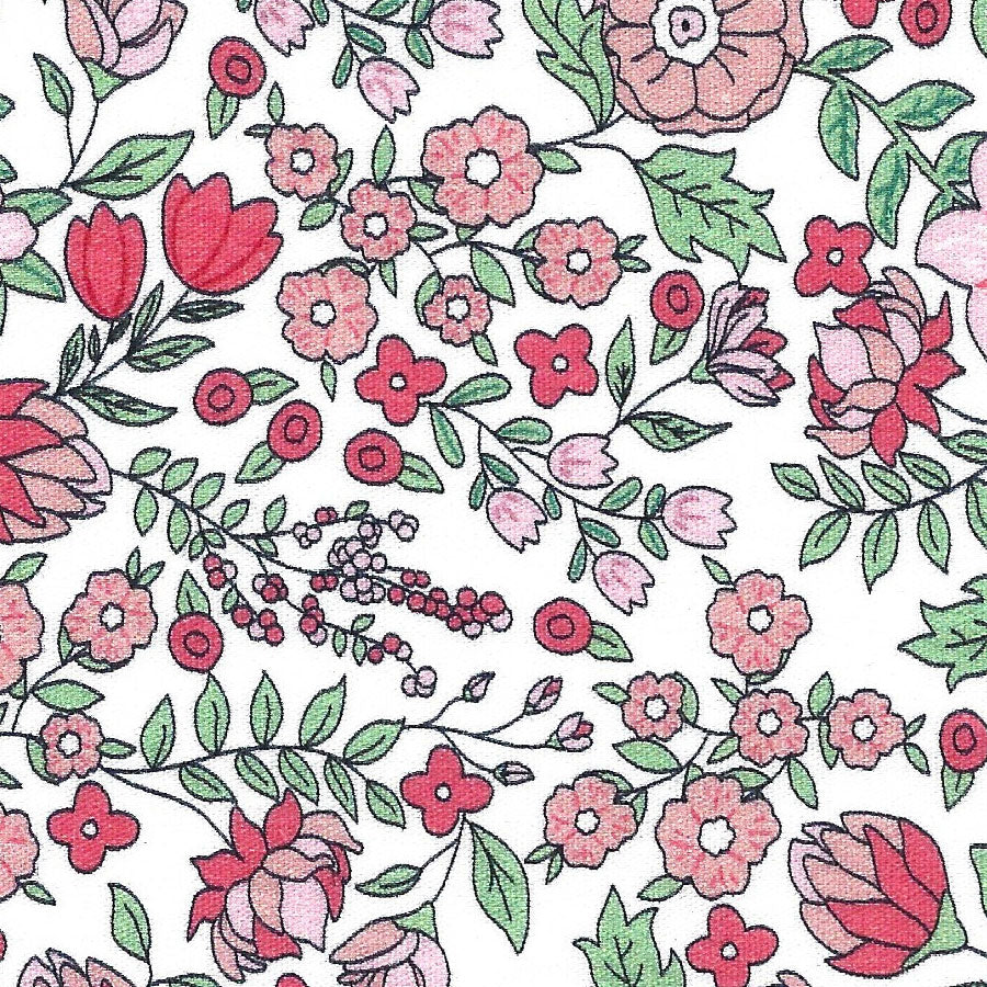 White cotton fabric with pink and red floral print and green leaves