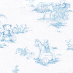 Blue and white toile fabric featuring scattered teddy bear and floral motifs on canvas