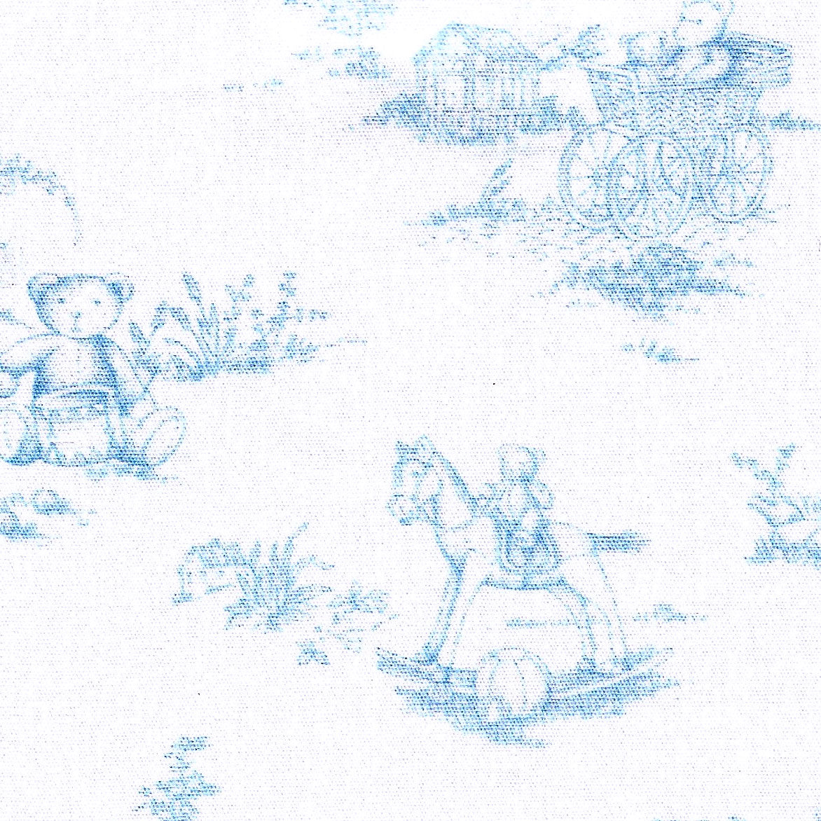 Blue and white toile fabric featuring scattered teddy bear and floral motifs on canvas