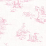 Pink toile fabric with pastoral scenes on white woven cotton background