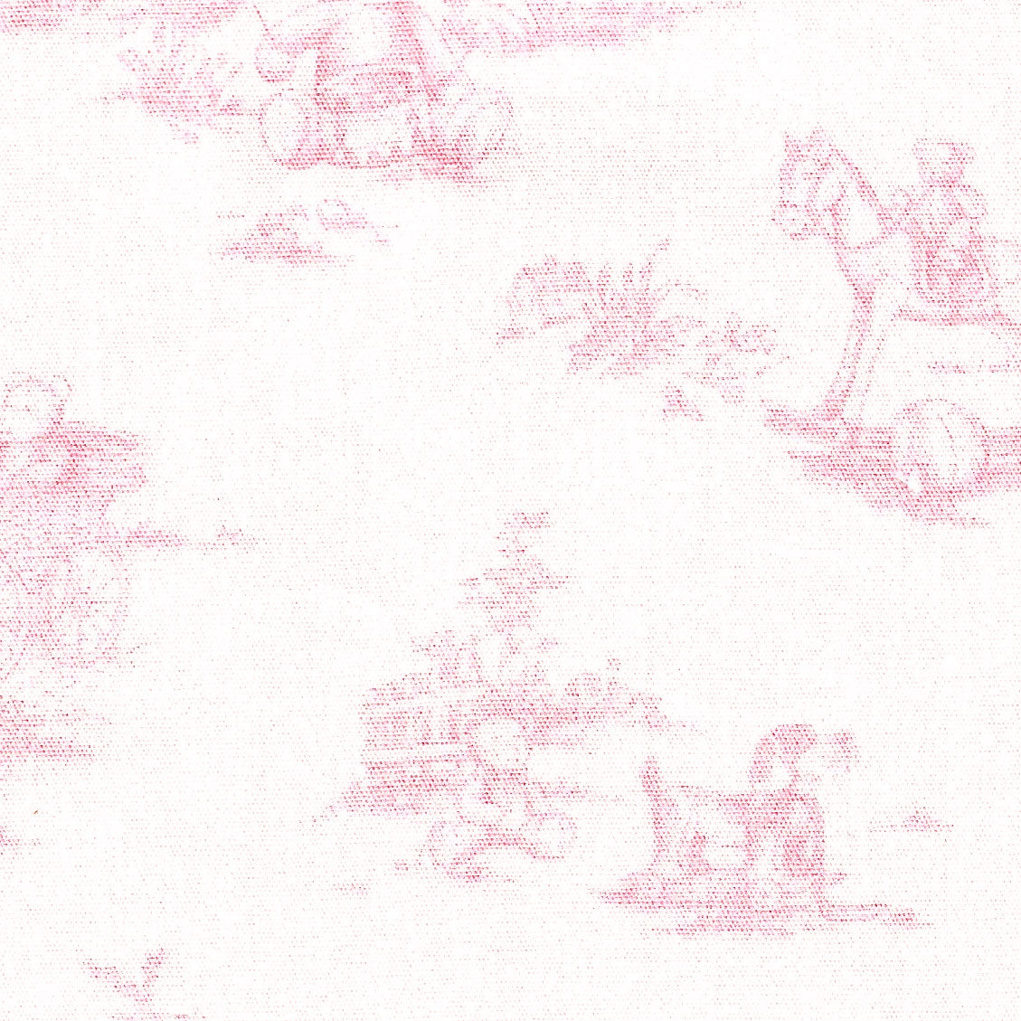 White cotton fabric with soft pink toile teddy bear and floral scenic print