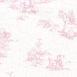 White cotton fabric with soft pink toile teddy bear and floral scenic print