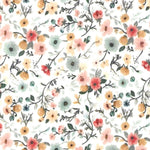 White fabric with small watercolor floral print in pink, coral, mint, and golden yellow