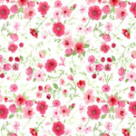 White cotton fabric with scattered red and pink floral blooms and green vines