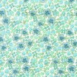 Blue and green floral fabric print featuring small flowers and leaves on white background