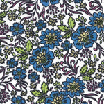 White cotton fabric with blue floral print, green leaves, and pink vine accents