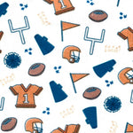 White fabric with orange and navy blue football helmets, jerseys, balls, and goal posts
