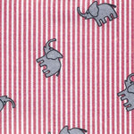 Red and white striped seersucker fabric with scattered gray elephant print