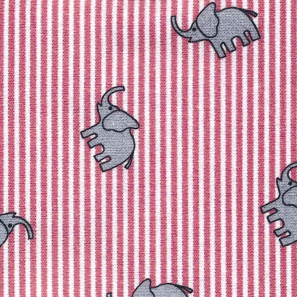 Red and white striped seersucker fabric with scattered gray elephant print