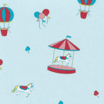 Light blue fabric with carousel horses, hot air balloons, and colorful balloons print