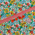 Colorful floral fabric kit with red gingham ribbon and four red flower buttons