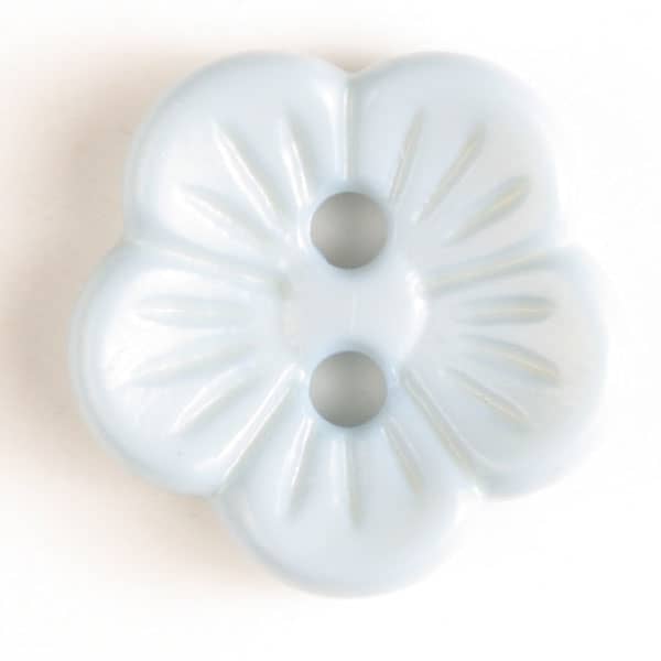 Light blue flower-shaped two-hole plastic button with ribbed petal details