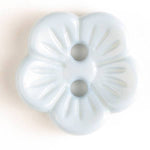 Light blue flower-shaped two-hole plastic button with ribbed petal details