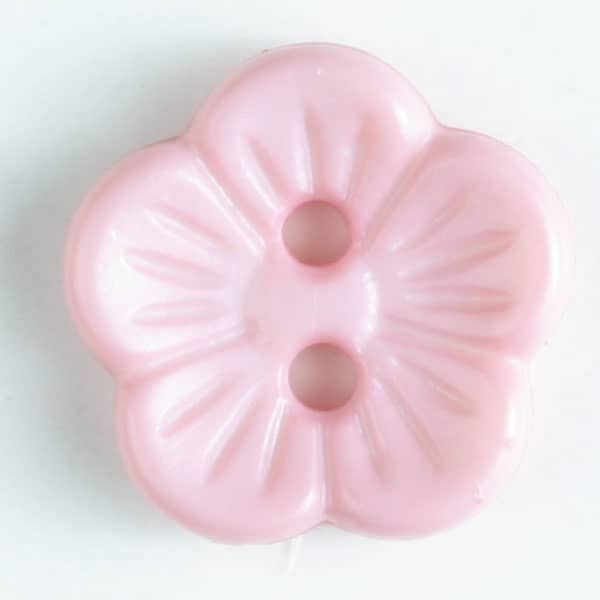 Pink glossy flower-shaped button with two center holes and engraved petal details