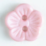 Pink glossy flower-shaped button with two center holes and engraved petal details