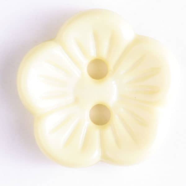 Cream ivory flower-shaped two-hole plastic button with ridged petal details