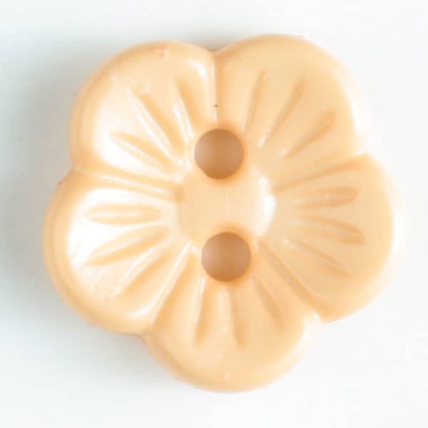 Peach flower-shaped plastic button with two holes and ridged petal details