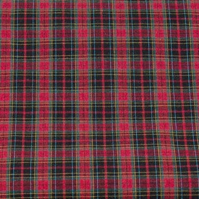 Red and black tartan plaid woven fabric with yellow and blue accent lines