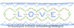 Smocking plate sample showing LOVE in blue letters with green circles and pink accents