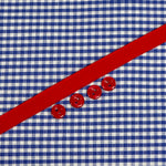 Blue and white gingham fabric with red ribbon trim and three red buttons