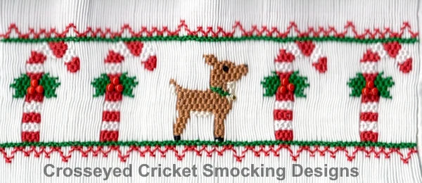 Smocking plate featuring reindeer, candy canes, and holly in red, green, and white