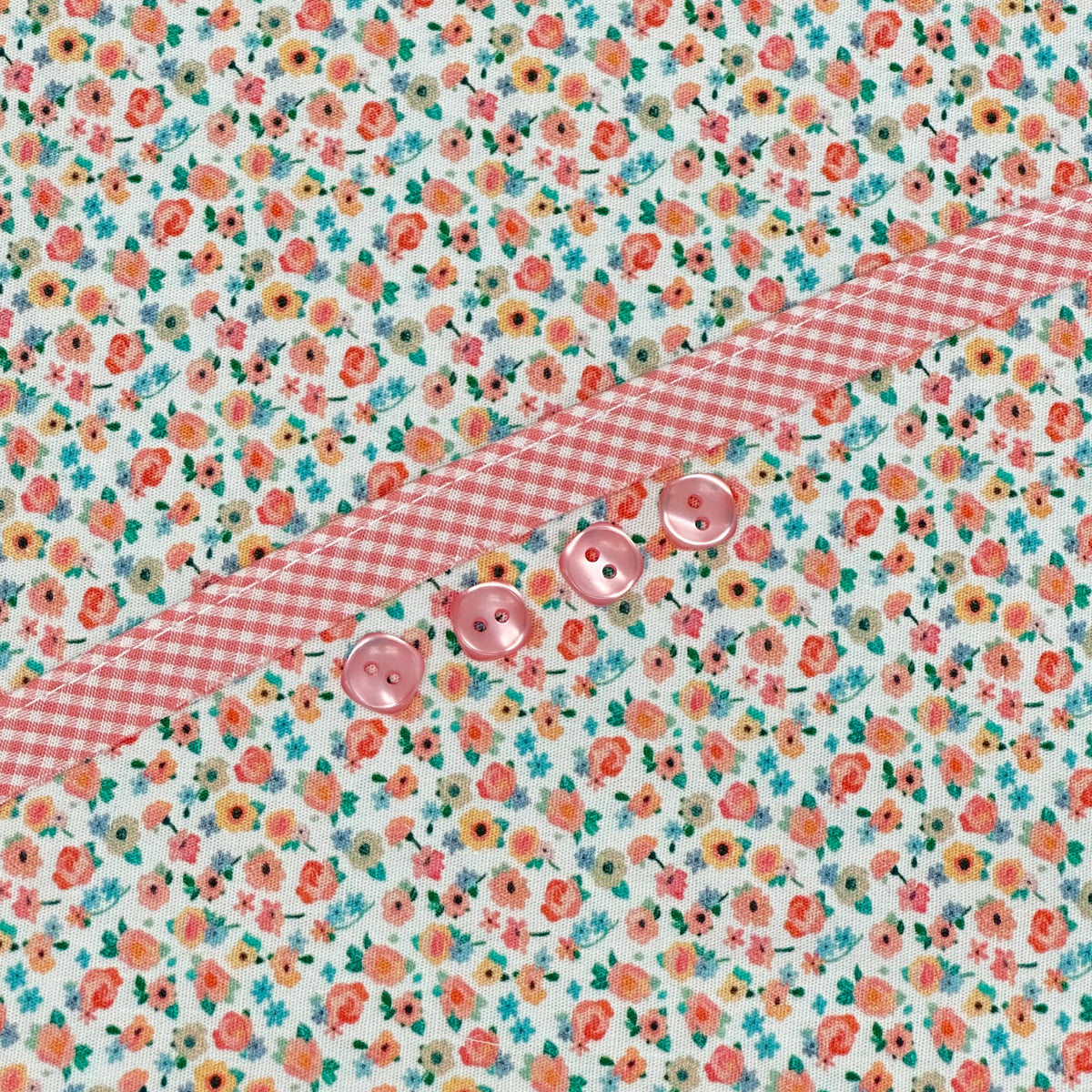 Floral ditsy print fabric with pink gingham trim and pink buttons for Georgia Dress Kit