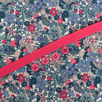 Floral strawberry print fabric with pink ribbon trim and flower-shaped buttons