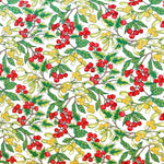 Liberty of London fabric with red holly berries, yellow mistletoe, and green leaves on white