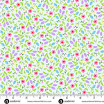 Light blue quilting fabric with pink flowers, purple buds, and green leaves allover print.