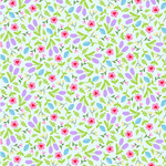 Light blue cotton fabric with pink flowers, purple blooms, and green leaves allover print.