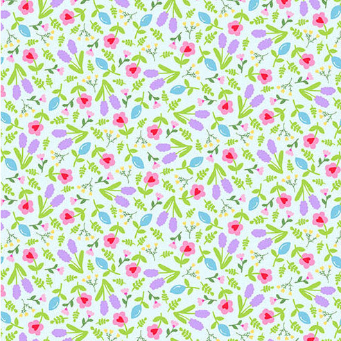 Light blue cotton fabric with pink flowers, purple blooms, and green leaves allover print.