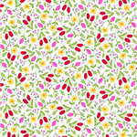 White quilting fabric with scattered red, yellow, and pink flowers and green leaves.