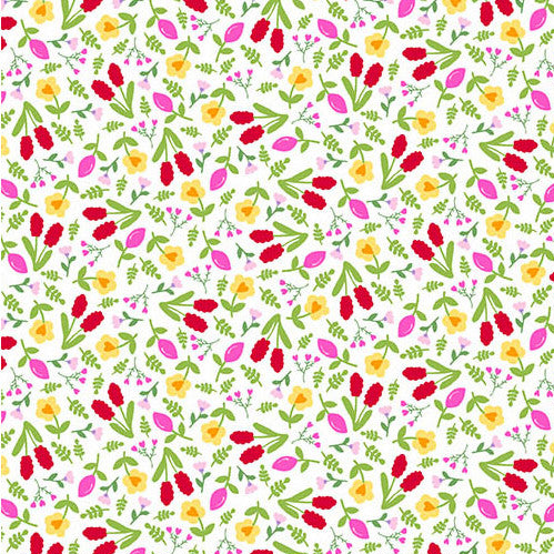 White quilting fabric with scattered red, yellow, and pink flowers and green leaves.