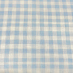 Light blue and white gingham check woven poly fabric, small uniform squares