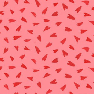 Pink cotton fabric with scattered red hearts pattern, Valentine romantic design