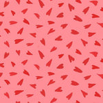 Pink cotton fabric with scattered red hearts pattern, Valentine romantic design