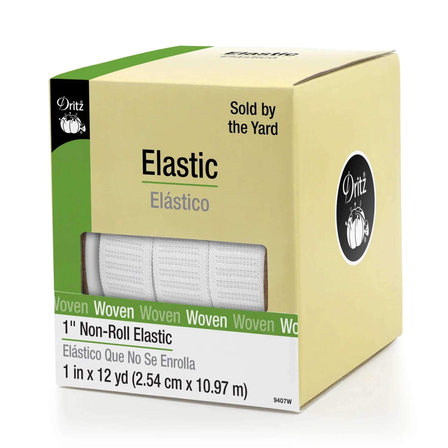 Box of woven woven elastic sold by the yard with Dritz branding.