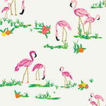White fabric with pink flamingos, green grass, and orange and yellow tropical flowers
