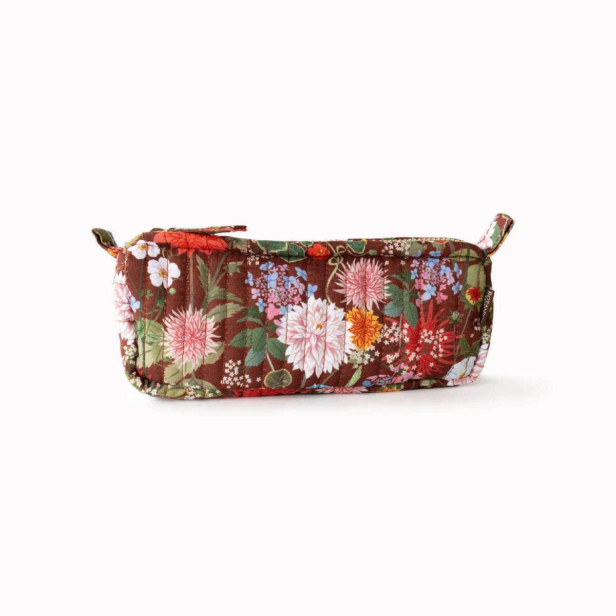 Quilted floral pencil pouch in dark burgundy with colorful dahlia and wildflower print