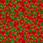 Red fabric with scattered red and green metallic polka dots in varied sizes